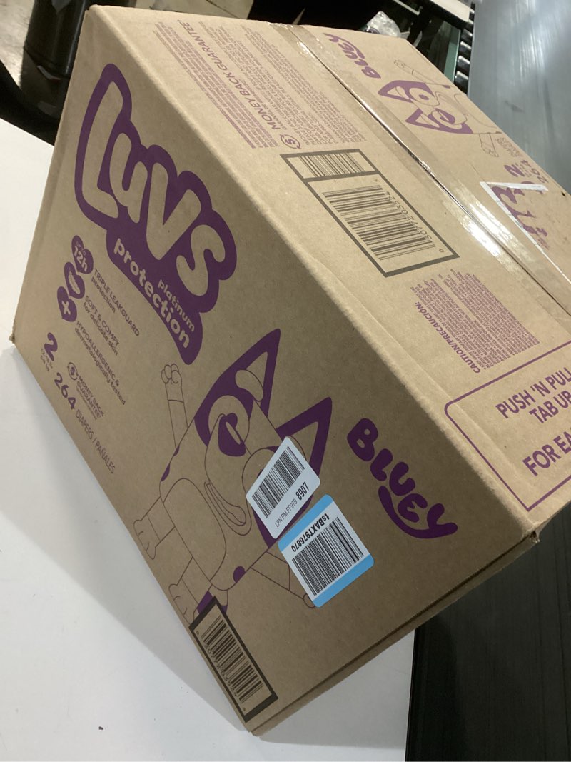 Condition photo showing New/Like New for luvs size 2 baby diapers, platinum protection bluey diapers for day & night, size 2, 264 count (packaging may vary) size 2 264
