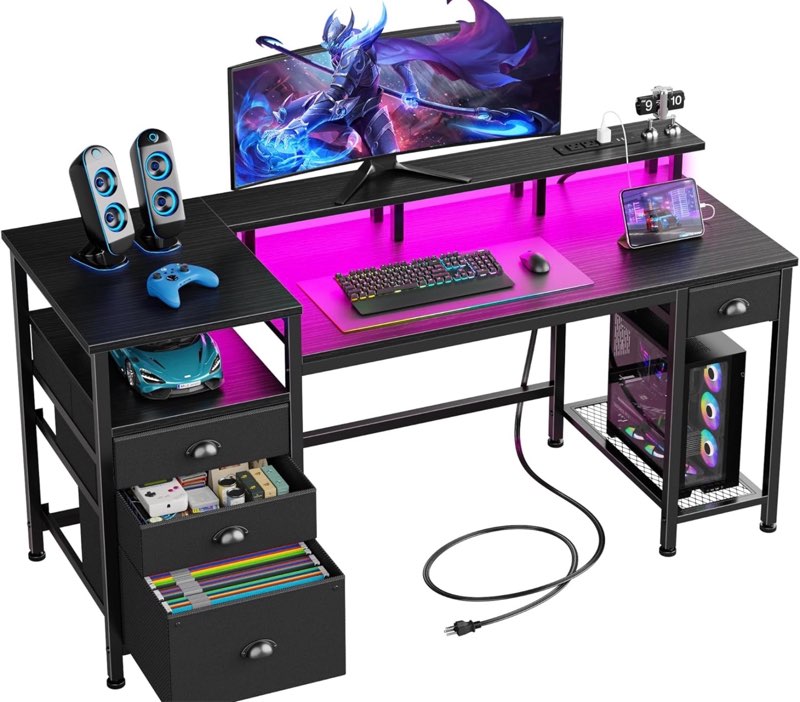 furologee 60" black computer desk with 4 drawers and printer space, gaming desk with led lights and usb power outlets, home office desk with fabric file cabinet,study work table with shelf for bedroom