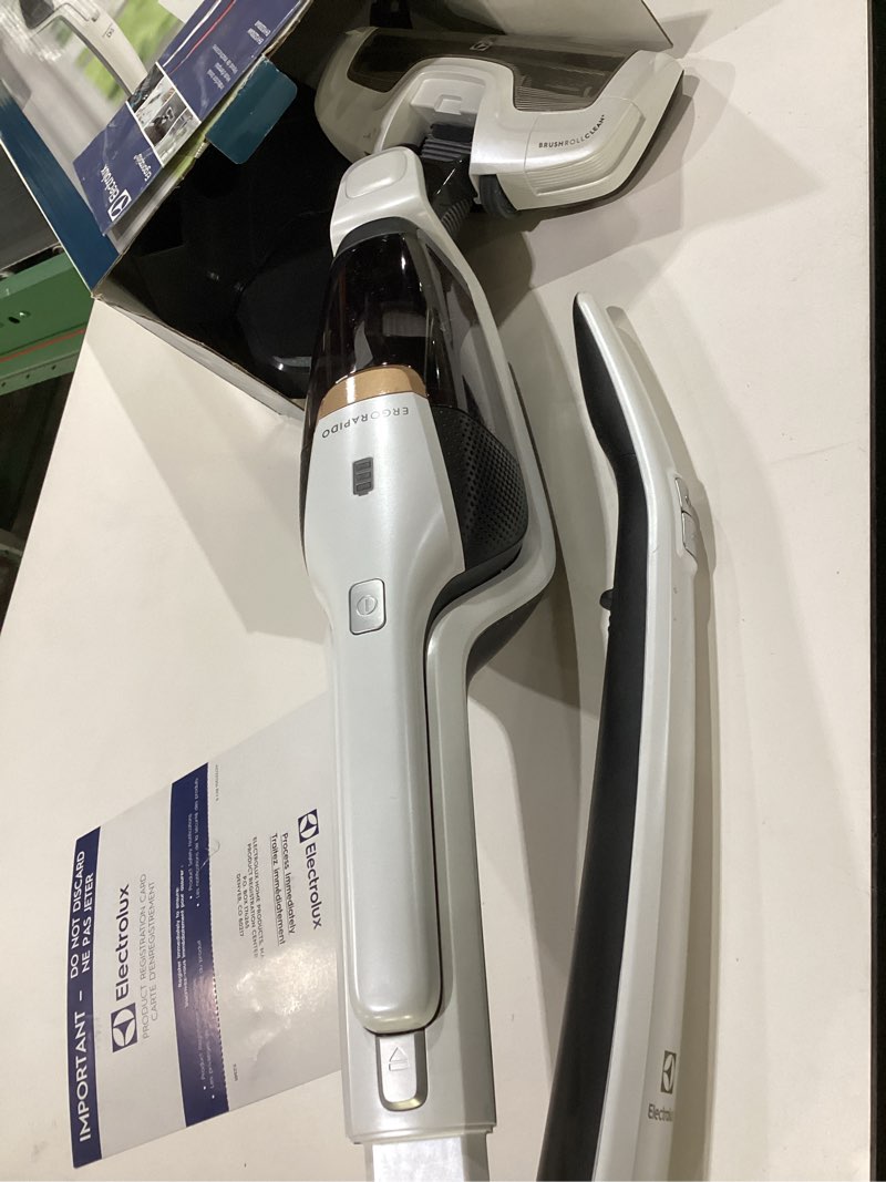 Condition photo showing As Is for Electrolux Ergorapido Cordless 2-in-1 Vacuum Cleaner with High Suction Power and 180° EasySteer Mobility, 48-Minute Run Time, 2 Power Modes, Satin White, NOT TESTED AS IS