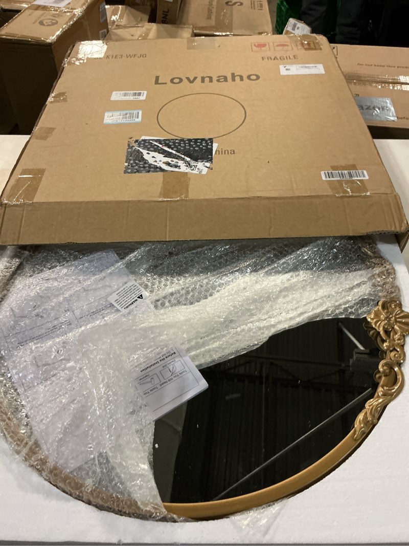 Condition photo showing Good Condition for round gold mirror 24.5in ornate baroque antique bathroom mirror large circle vintage mirrors for wall, metal frame wall decorative mirrors for hallway,living room, bedroom vanity, entryway gold 24.5"l x 24"w