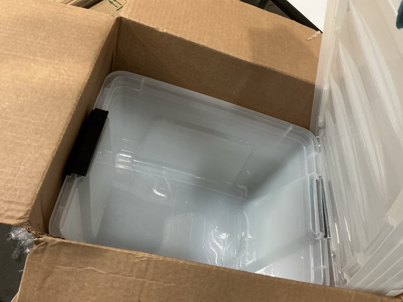 Condition photo showing Good Condition for IRIS USA 32 QT Plastic Storage Box with Lid and Latches - 6 Pack - BPA-Free, See-Through Organizing Solution, Durable Nestable Stackable Containers, Secure Pull Handle - Clear Clear 32 Qt 6 Pack