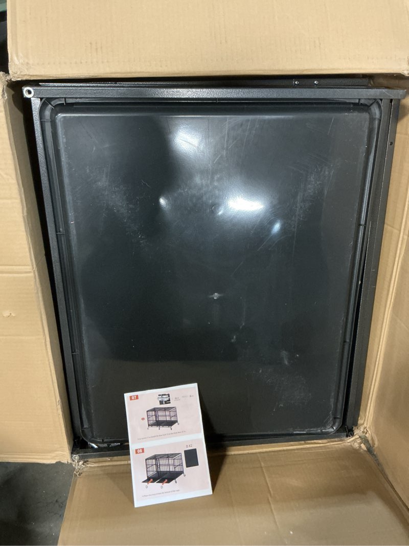 Condition photo showing As Is for (Similar to stock photo) 48 Inch Heavy Duty Dog Crate, Indestructible Escape-Proof Dog Kennel for High Anxiety Large Dogs, Strong Carbon Steel Metal Cage with Double Doors, Lockable Wheels & Removable Tray Heavy Duty Large