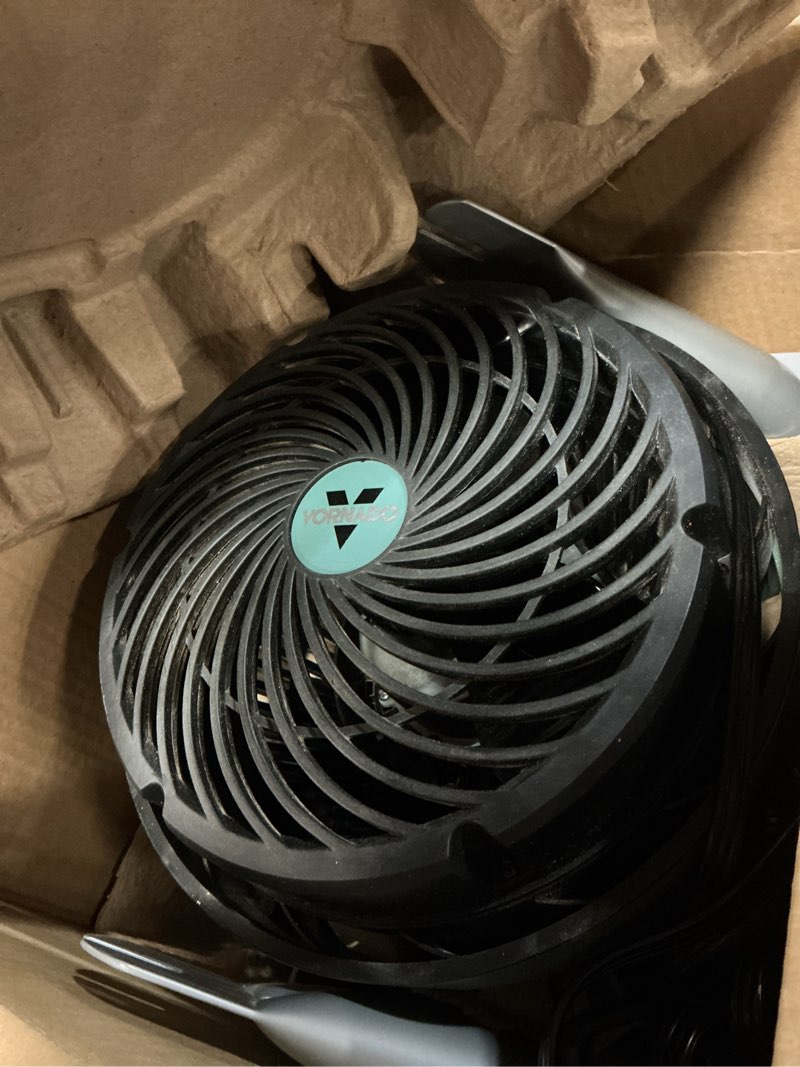 Condition photo showing As Is for vornado exo51 small heavy duty air circulator, 3-speed high velocity shop fan, dustproof and water-resistant, powerful motor, industrial high impact case, whole room air circulator, green exo51 - small