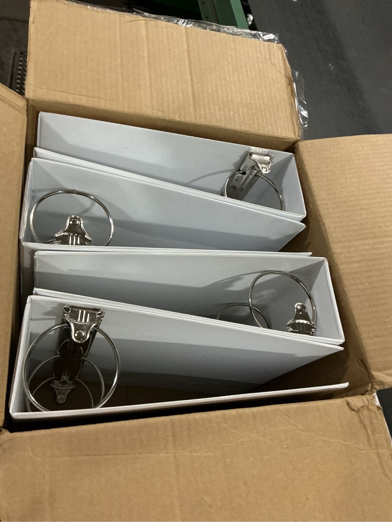 Condition photo showing Good Condition for (missing 2) samsill 4 inch 3 ring binders, economy round ring, clear view cover, 675 sheet capacity - for school, home, office - white, 6 pack white 6-pack 4-inch