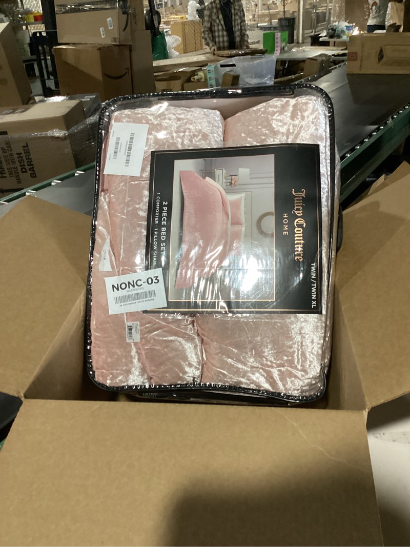 Condition photo showing New/Like New for juicy couture crushed velvet twin comforter and sham set, 2-piece twin bedding set - (1) 68"x90" comforter and (1) 20"x26" sham - pink pink velvet twin/twin xl