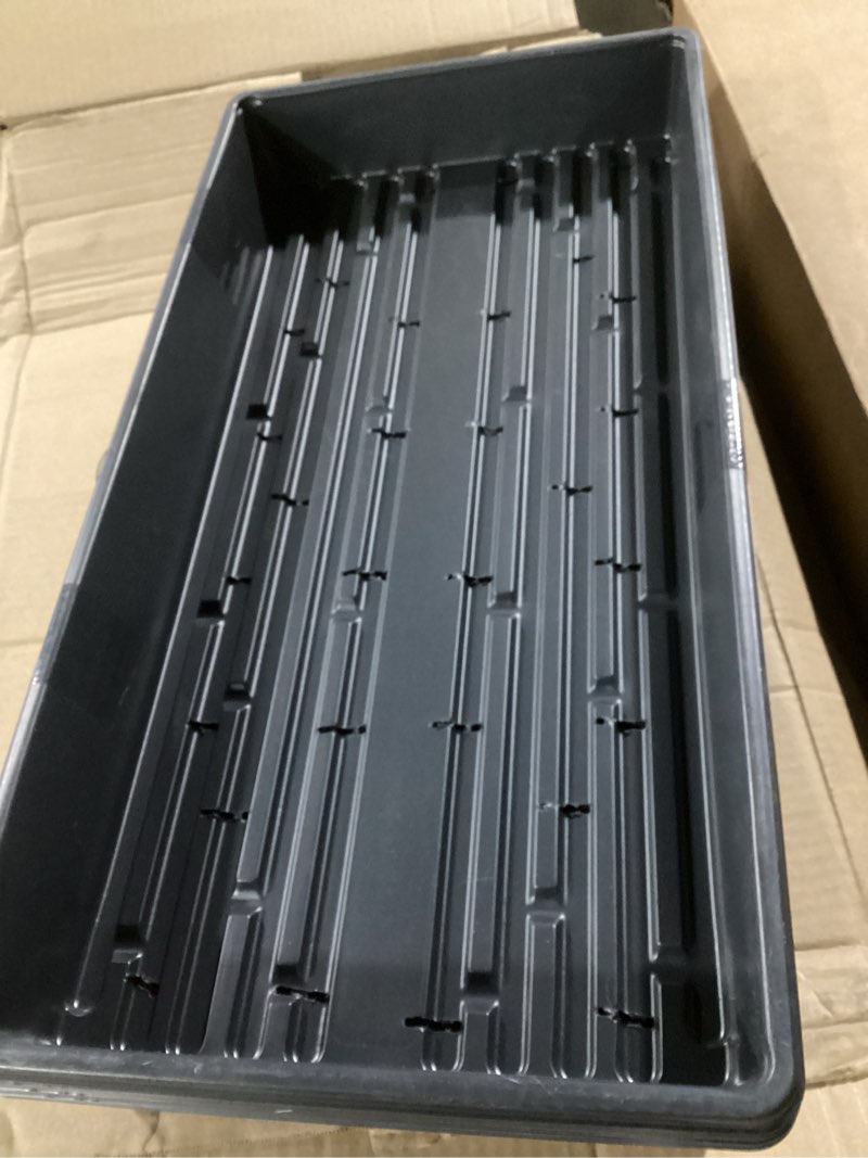 Condition photo showing As Is for 10 plant growing trays (with drain holes) - 20" x 10" - perfect garden seed starter grow trays: for seedlings, indoor gardening, growing microgreens, wheatgrass & more - soil or hydroponic black drain holes