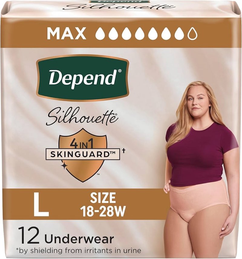  56 pcs Depend Silhouette Adult Diapers, Incontinence & Postpartum Bladder Leak Underwear for Women, Maximum. Size L 