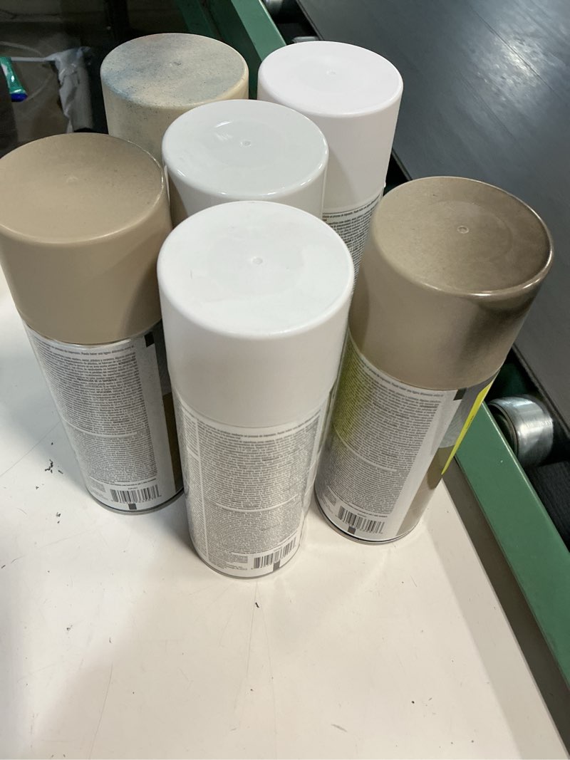 Condition photo showing As Is for (6 pcs different colors)glidden master finish 12 oz. satin peppered pecan interior/exterior all surface spray paint and primer