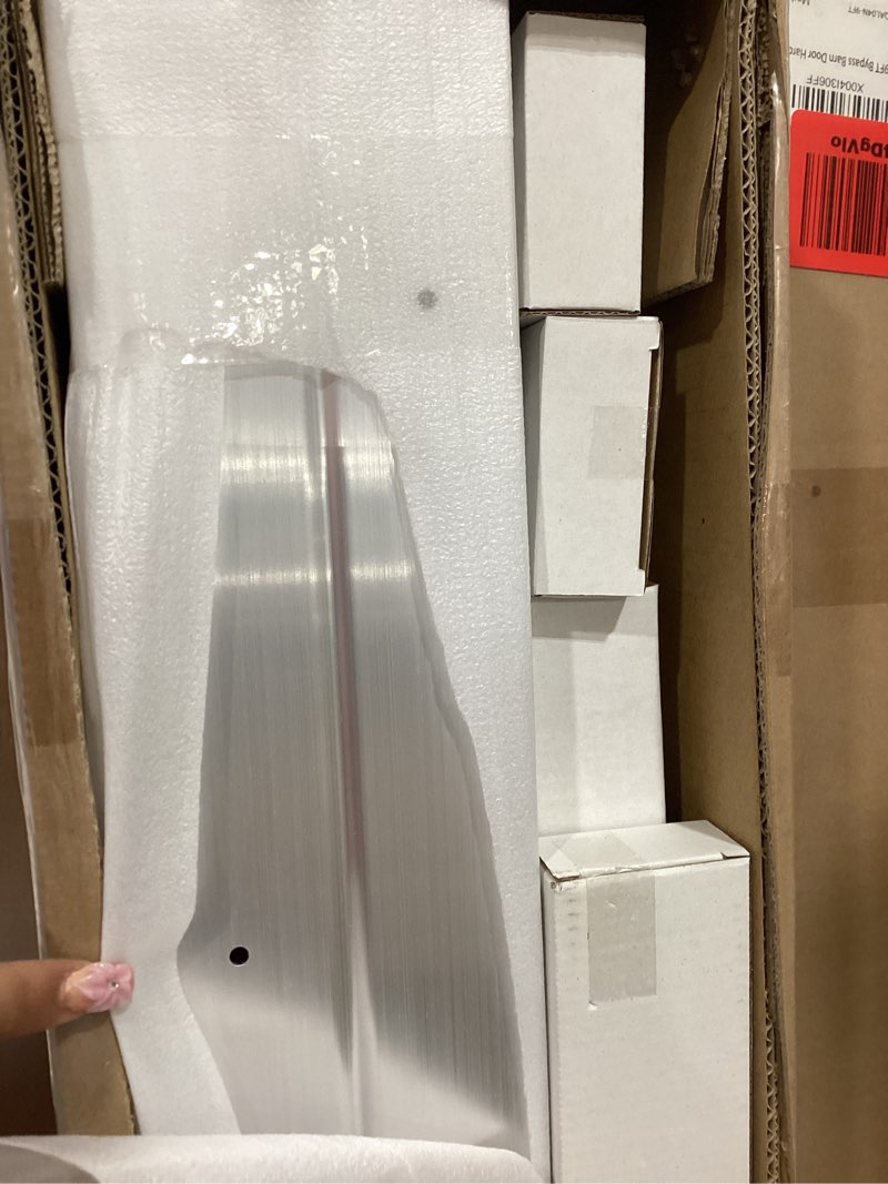 Condition photo showing Good Condition for 9ft/108(double 4.5ft) bypass door hardware, aluminum double-closing sliding closet door hardware with finger pull included, smoothly and quietly, fit door thickness 1 3/8\" or 1 3/4\", silver
