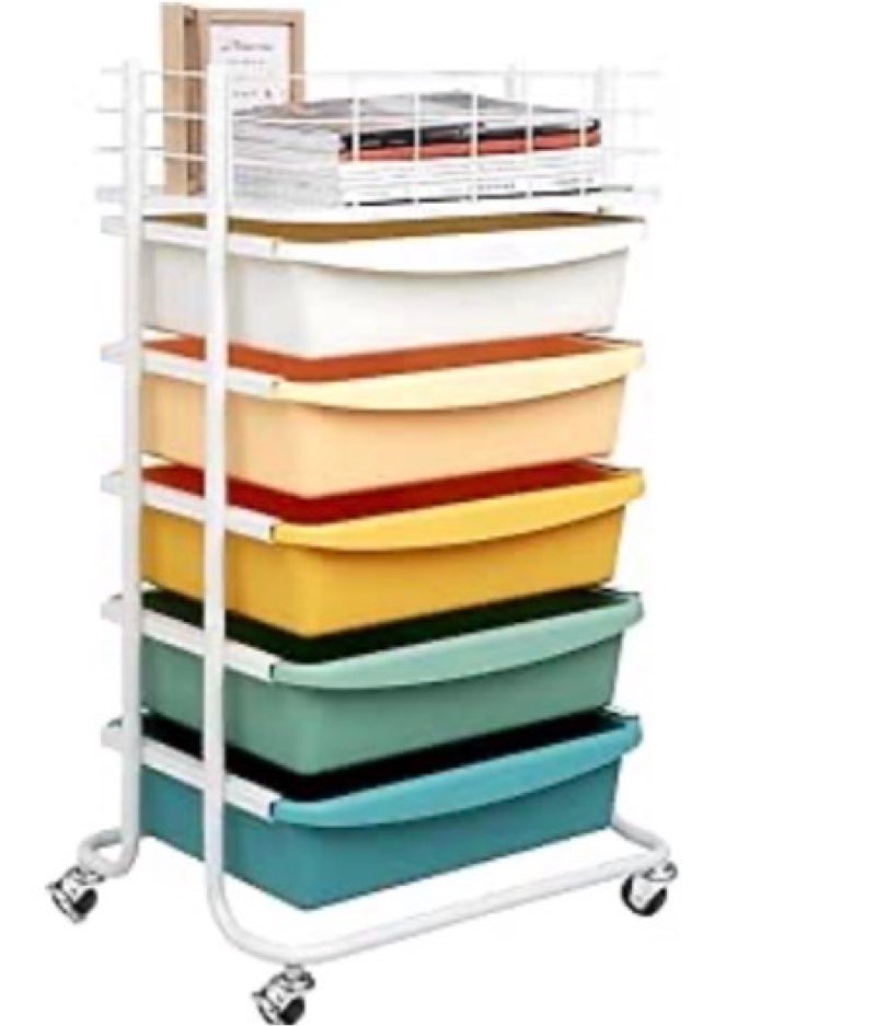 5 drawer rolling storage cart with pegboard top and hooks, mobile utility organizer with wheels for 