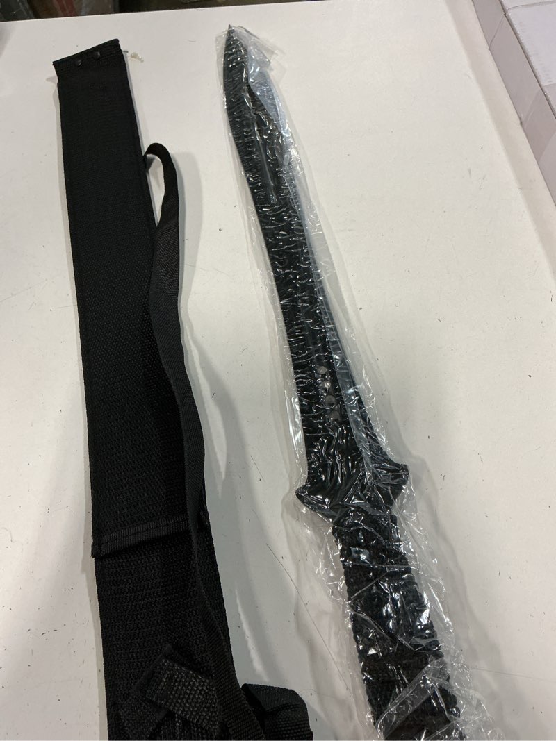 Condition photo showing New/Like New for 27" long style double-edged machete sword full tang with sheath,stainless steel blade,handle with non-slip cord wrap,for yard work,tree felling,camping,and outdoor activities (black)