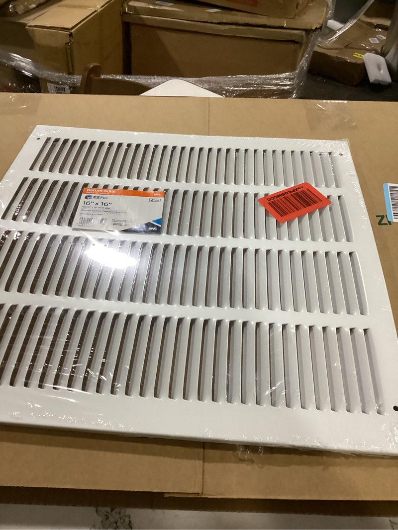 Condition photo showing As Is for ez-flo 16 x 16 inch (duct opening) return air vent cover for wall or ceiling, solid steel return air grille, hvac vent cover, white, 61641 16 in. x 16 in. grille