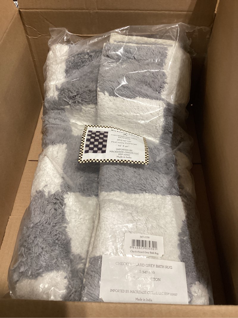 Condition photo showing Good Condition for MACKENZIE-CHILDS Checkerboard Bath Rug, Washable Bath Mat for Restroom Decor, 24" x 40", Gray-and-White Check Grey