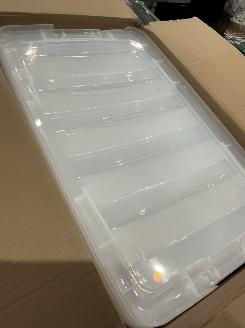 Condition photo showing As Is for iris usa 72 qt plastic storage box with lid and latches - 4 pack - bpa-free, see-through organizing solution, durable nestable stackable containers, secure pull handle - clear clear 72 qt 4 pack