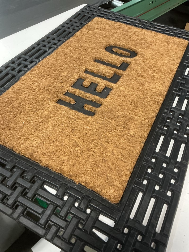 Condition photo showing Good Condition for 1'11"x2'11" 'hello' rubber coir doormat natural/black - threshold™: outdoor welcome mat, front door decor