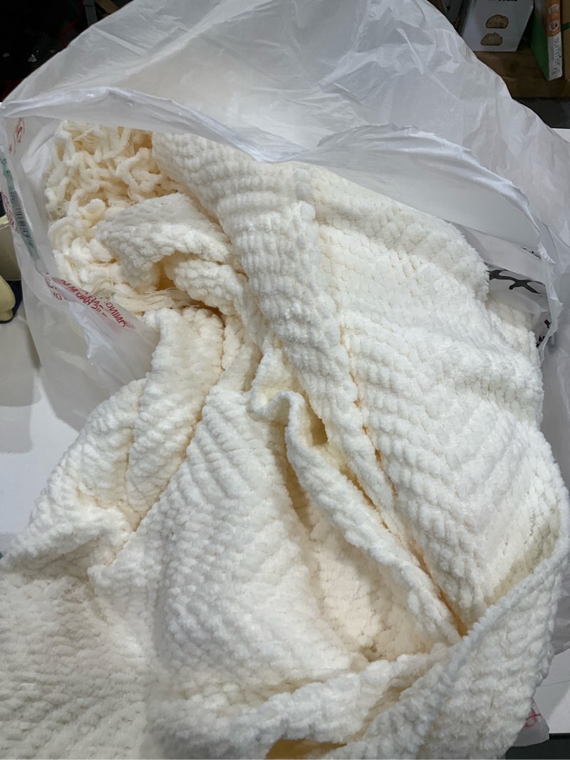 Condition photo showing As Is for BATTILO HOME Cream Throw Blanket for Couch, Textured Knitted Throw Blanket with Tassels, Couch Cover Blanket Warm Decorative White Throw Blankets for Sofa Living Room, 60" x 80" Cream 60"x80"