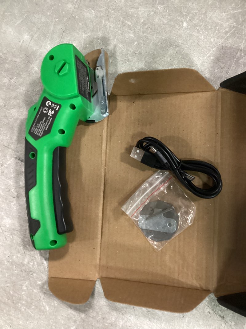 Condition photo showing Good Condition for cardboard cutter, rechargeable cordless electric scissors, 4v upgrade motor electric box cutter with 2 blades, safety lock & led light, powerful cutting for cardboard box, plastic, leather green