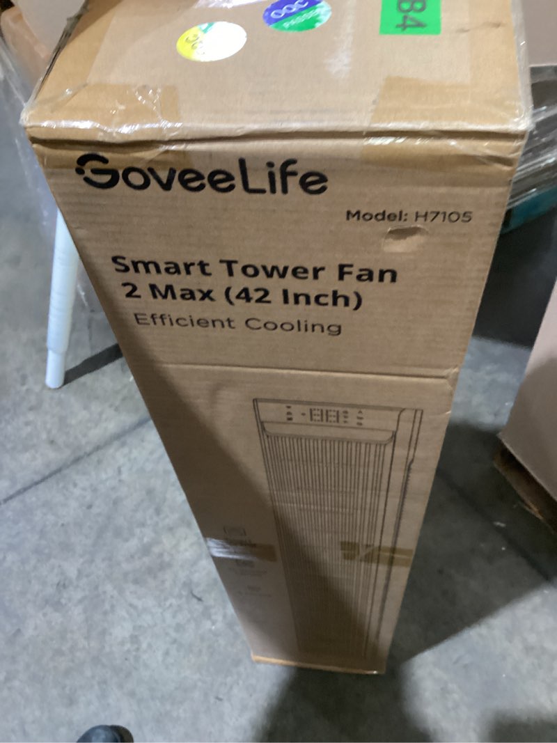 Condition photo showing As Is for goveelife 42'' tower fan for bedroom, smart floor fans with 150° adjustable oscillating, app & voice control, 5 modes 12 speeds up to 26ft/s, 24h timer, 27db quiet fan for cooling home office black