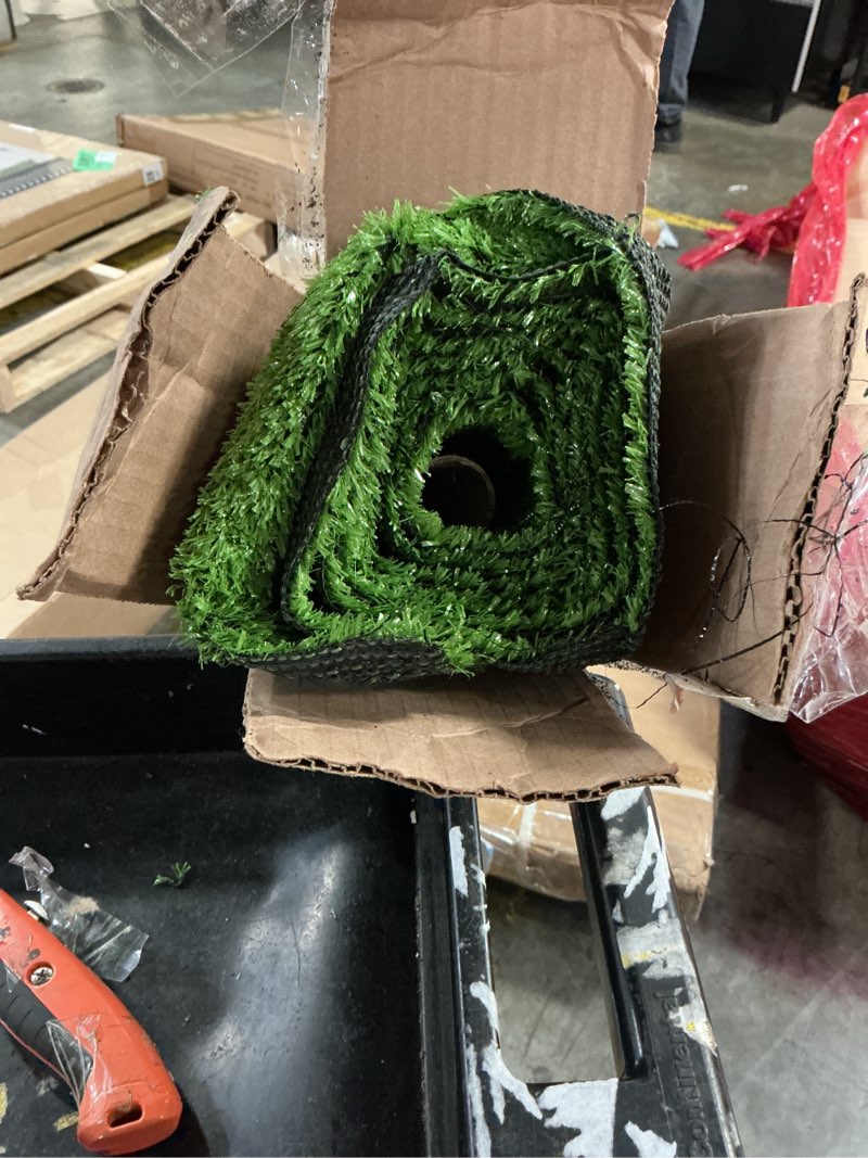 Condition photo showing As Is for weidear green artificial turf fake turf mat, indoor outdoor lawn, patio garden grass rug dogs pet, synthetic grass carpet, rubber backed with drainage holes,customized