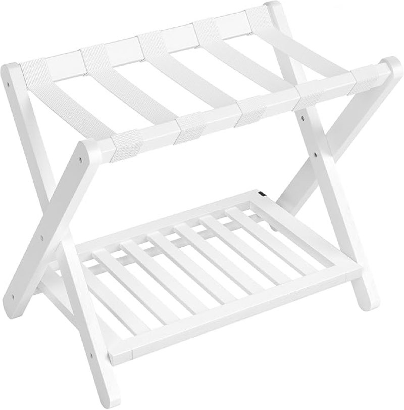 SONGMICS Solid Wood Luggage Rack, No Assembly Required, Foldable Suitcase Stand, Luggage Holder, with Storage Shelf, for Guest Room, Hotel, Bedroom, Cloud White URLR020W02