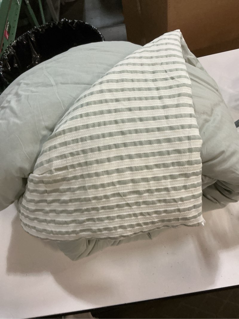 Condition photo showing As Is for king size comforter set sage green striped 100% soft washed microfiber jacquard 3 pieces striped bedding sets green white comforter for all seasons and 2 pillowcases comfort breathable sage green striped king