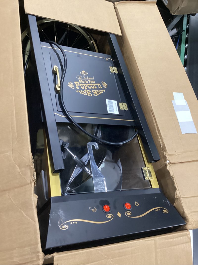 Condition photo showing Good Condition for damaged nostalgia popcorn maker machine - professional cart with 8 oz kettle makes up to 32 cups - vintage popcorn machine movie theater style - black black 8 oz vintage classic