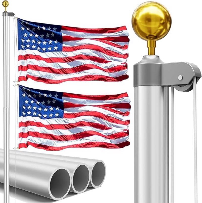 20FT Heavy Duty Flag Pole,14-Gauge Aluminum,Resist Strong Wind,Sectional Silver Residential Flagpole Complete Kit - USA Flag,Gold Ball, Aluminum Clips (Silver)