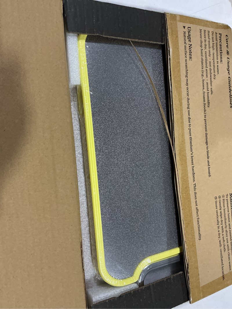 Condition photo showing New/Like New for Titanium Cutting Board for Kitchen, Cutting Boards Non Toxic Double Sided Metal Pure Titanium and Wheat Straw PP Chopping Board Food Grade Easy to Clean Large Size 16"*10"*0.9"(Yellow)