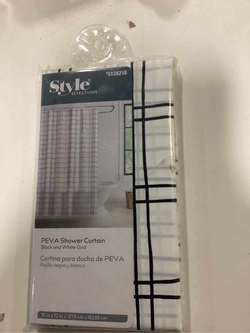 Condition photo showing New/Like New for Style Selections 70.0-in W x 72-in L Gray Plaid Mildew Resistant EVA/PEVA Shower curtain Item #5138218 | Model #MODGRID-001-106