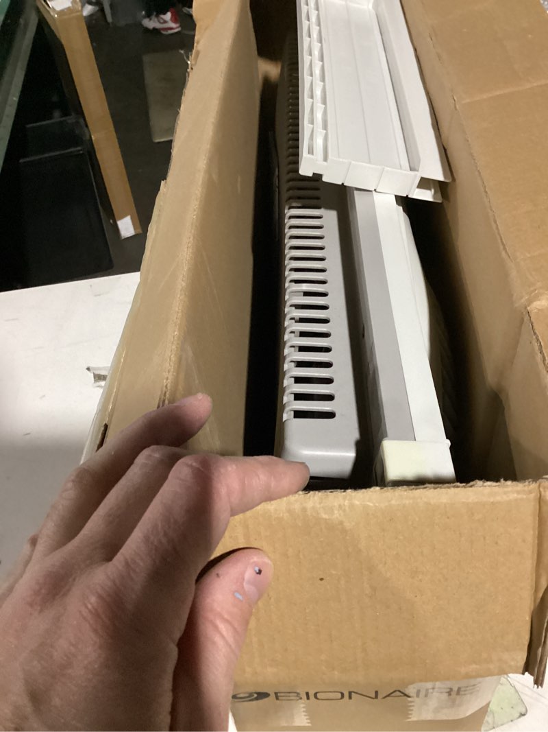 Condition photo showing New/Like New for bionaire window fan with reversible airflow blades – 3-speed settings, programmable thermostat, led display, remote control, fits 24–36" windows, no assembly required white 2 blades electronic control with lcd screen window fan