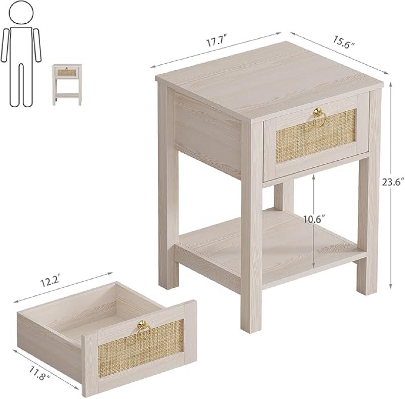 eclatara rattan white nightstand set of 2: sturdy wood night stand with rattan decor drawer, farmhouse nightstand bedside table boho end tables side tables for bedroom home office