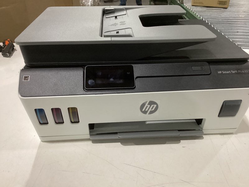 Condition photo showing Good Condition for Incomplete no power cords HP Smart Tank Plus 651 Wireless All-in-One Printer, Ink Tank Printer-for-Home Use, 2 Years of Ink Included Auto Document Feeder, Mobile Print, Scan, Copy, Fax, an EcoTank Alternative (7XV38A) White with Black Top