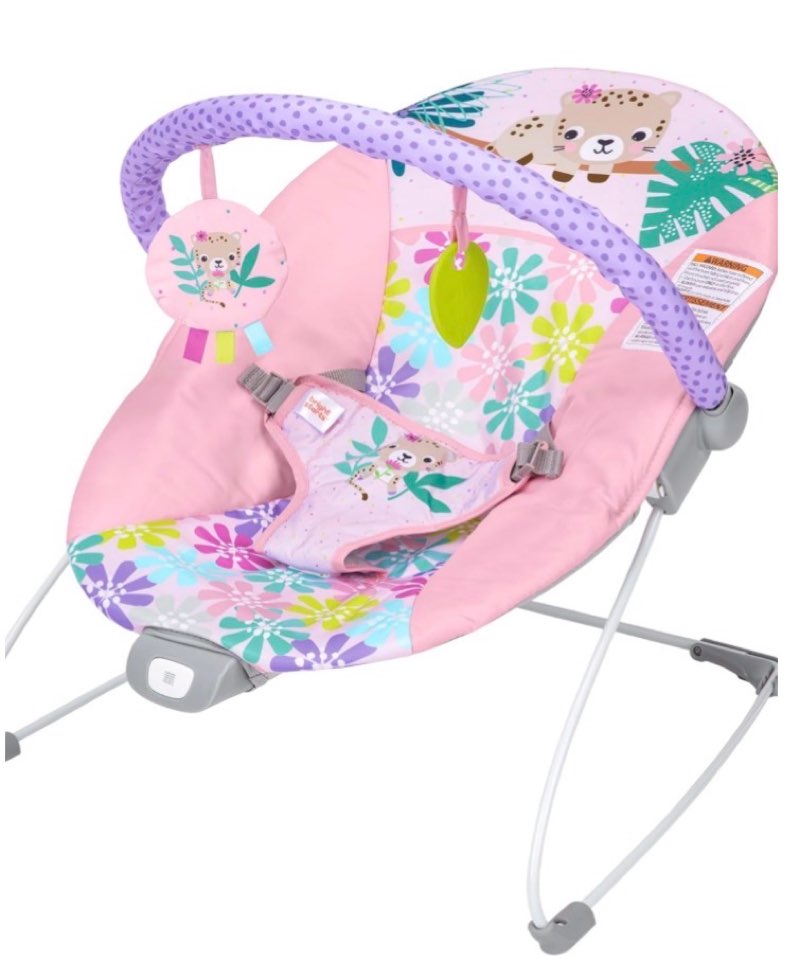 Bright Starts Pink Vibrating Baby Bouncer, Removable Toy Bar with 2 Toys, Nonslip Feet, 0-6 Months U