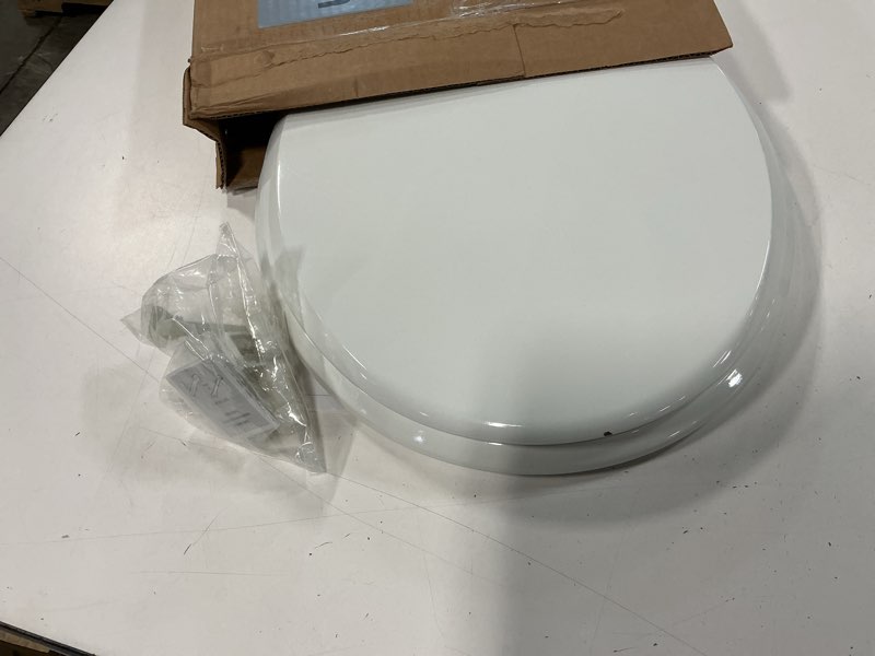 Condition photo showing As Is for mayfair cassel slow close toilet seat, easy clean, non slip premium wood seat, easy install, made in usa, round, white