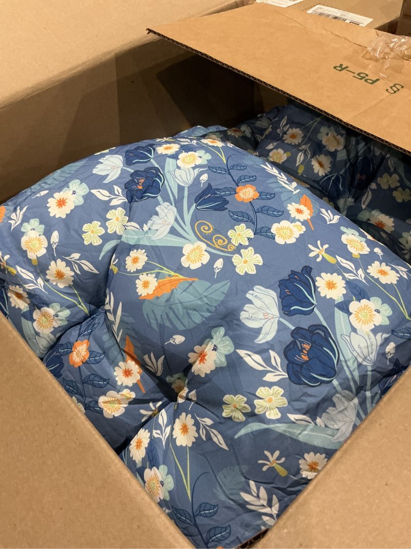 Condition photo showing As Is for wicker chair cushions, waterproof outdoor loveseat cushions for patio furniture, tufted wicker furniture cushions, 1 loveseat and 2 u-shaped cushions (blue floral) blue floral wicker chair cushion