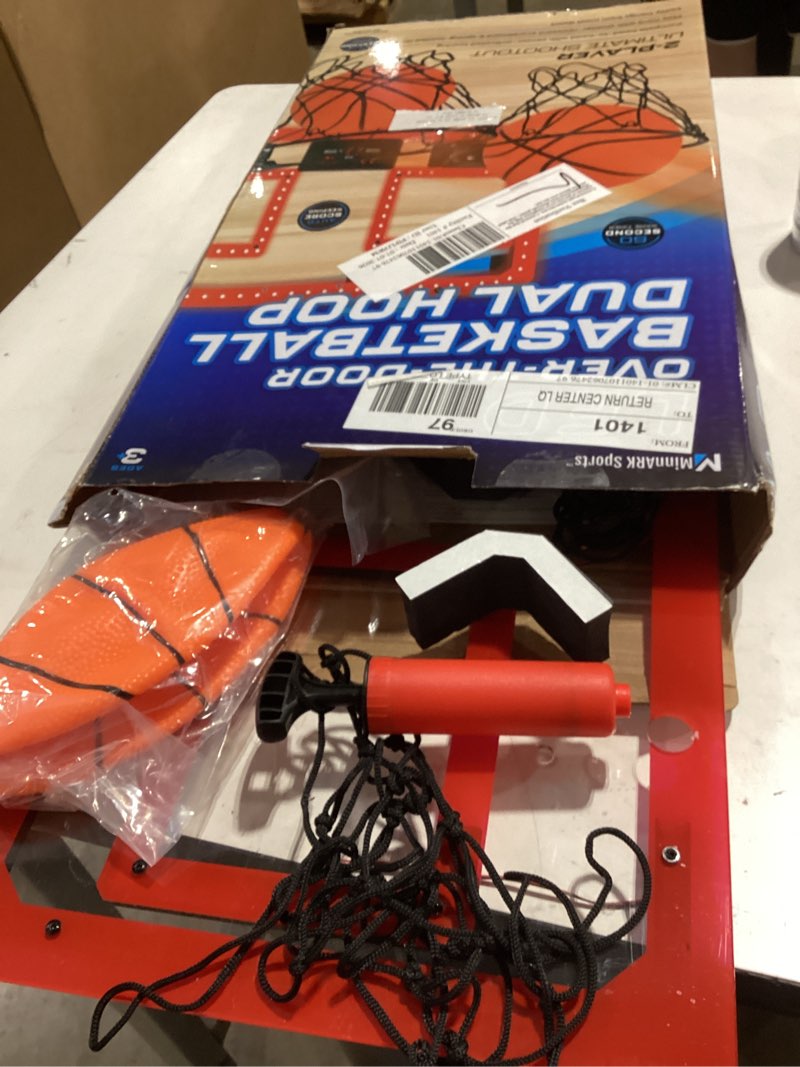 Condition photo showing Good Condition for incomplete over-the-door basketball dual hoop, indoor sports game, plastic, for all ages, by minnark