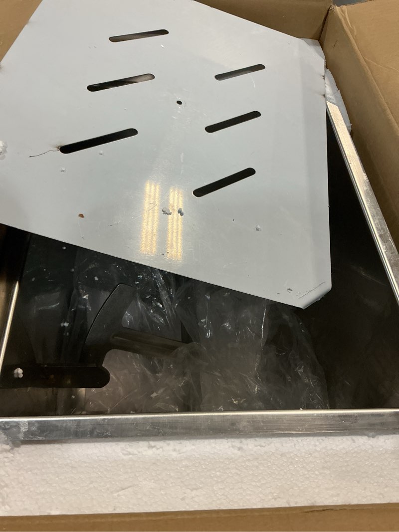 Condition photo showing As Is for vevor manual meat mixer, 60 pound capacity tilt tank meat mixer, stainless steel meat processing equipment, sausage mixer machine with lid and handle, ground beef hand mixer, silver bx-30t