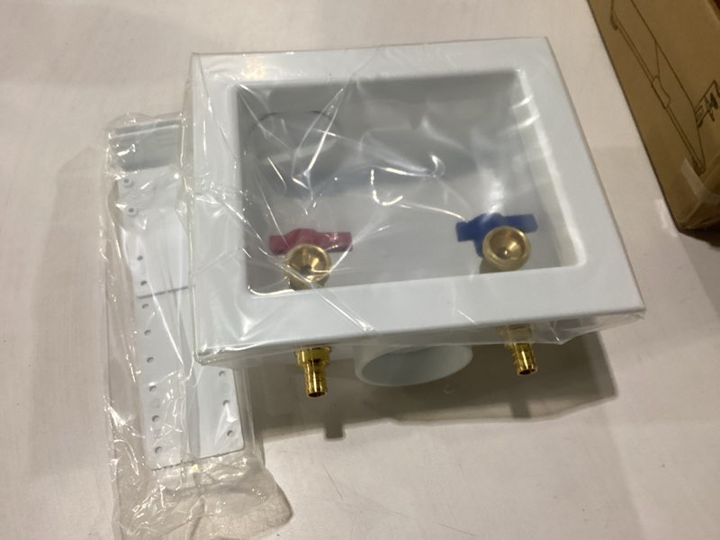 Condition photo showing New/Like New for universal washing machine outlet box, 1/2-inch pex crimp x 3/4-inch mht connection with center drain, laundry washer valve outlet box pex f1807 regular