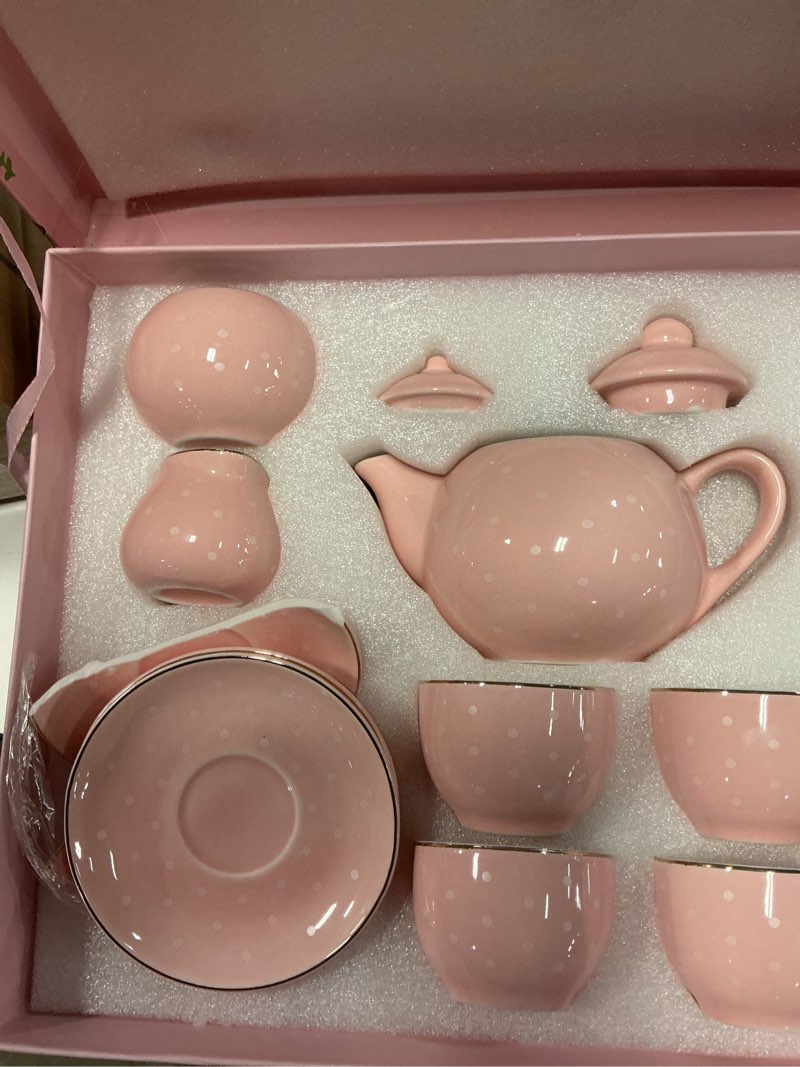 Condition photo showing Good Condition for sweejar porcelain tea set for little girls,kitchen toys tea party set for kids toddler kitchen pretend toy include children teapot, cup & saucer set of 4, sugar bowl and cream pitcher(pink polka dot)