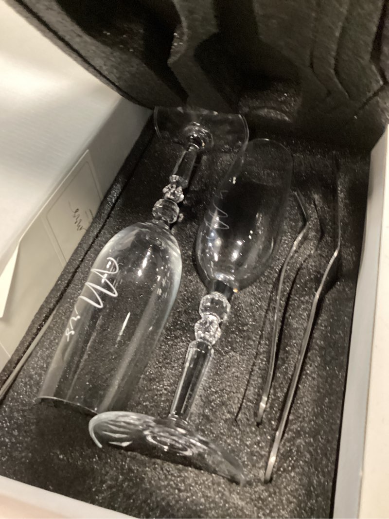 Condition photo showing New/Like New for wedding cake knife and server set with forks, classical style crystal champagne flutes toasting glasses for bride and groom, wedding gifts for couples, engagement and bridal shower gifts silver