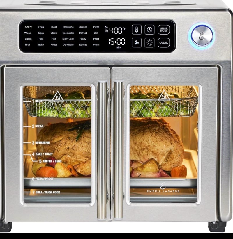 Emeril Lagasse Extra Large French Door Air Fryer Toaster Oven Combo, 24 Cooking Functions and Digital Controls, 7 Accessories Included, Stainless Steel Finish, 26QT Capacity