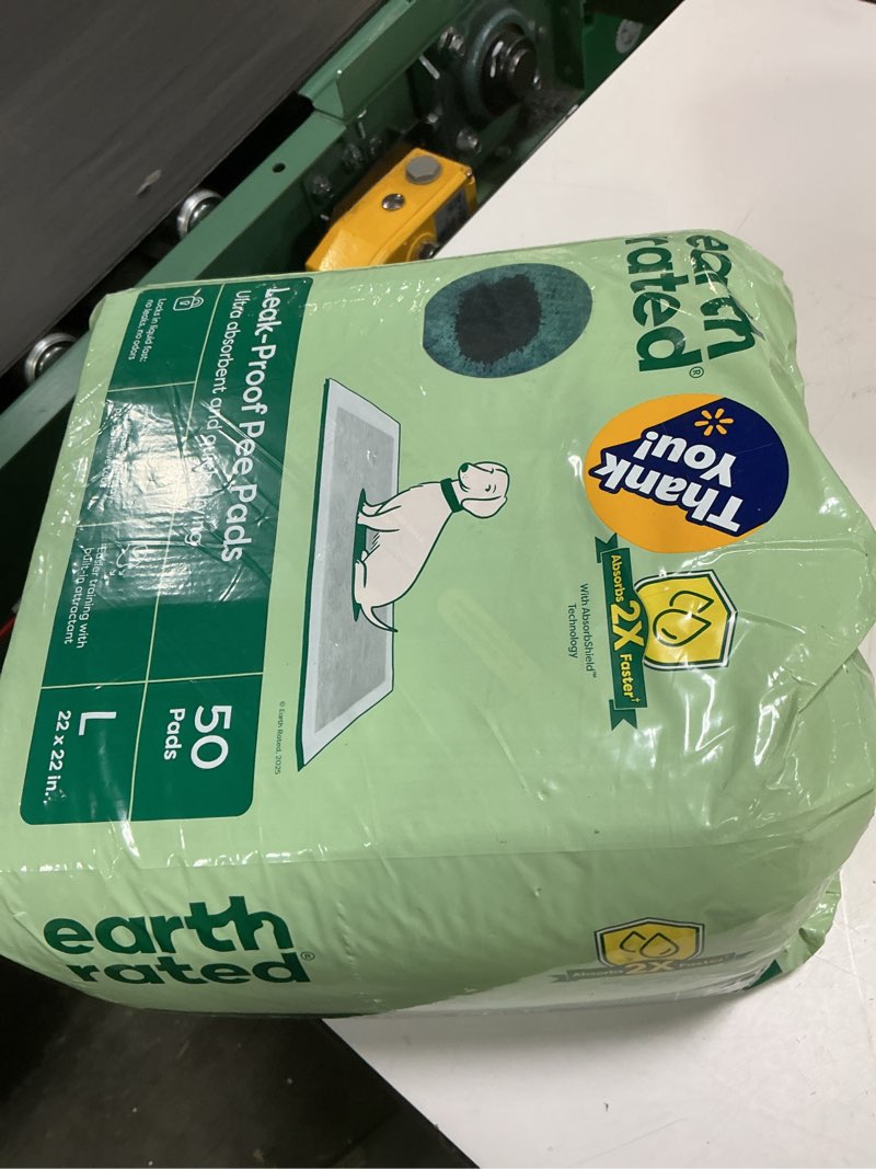 Condition photo showing As Is for earth rated leak-proof pee pads for dogs and puppies, 2x faster absorption*, unscented, l, 22x22 in., 50ct