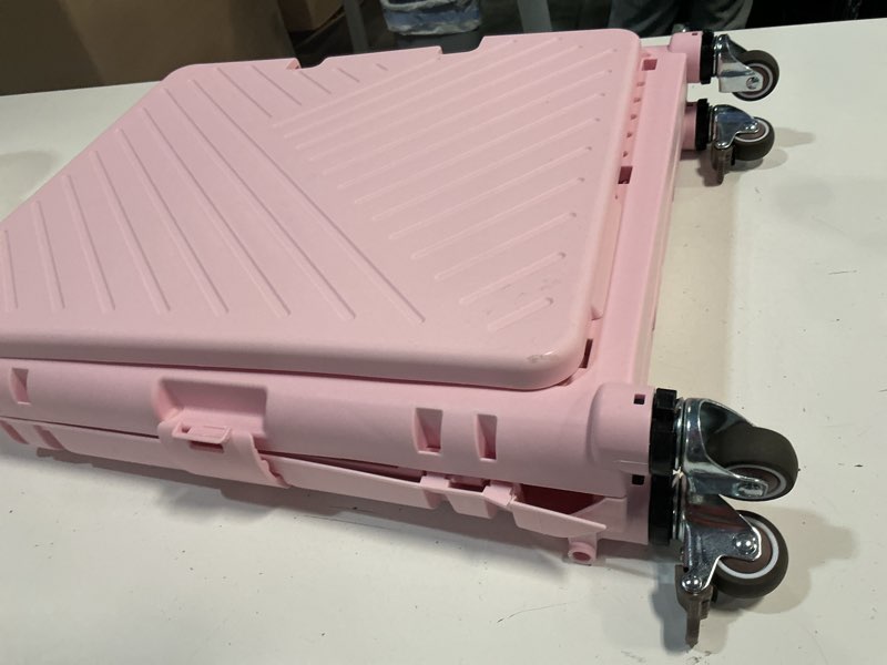 Condition photo showing As Is for folding utility cart portable rolling crate handcart shopping trolley collapsible tool box, with lid, basket on 4 rotate wheels, for grocery, shopping, office, teacher (pink)