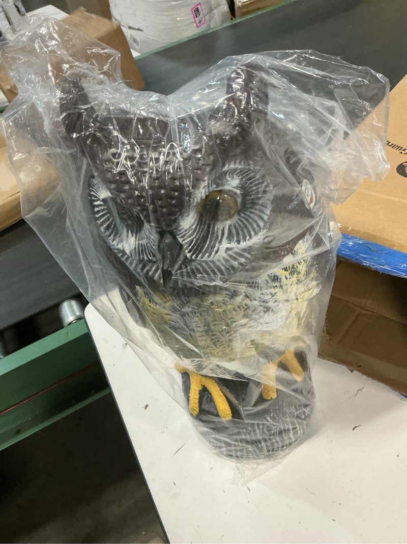 Condition photo showing New/Like New for solar powered owl with motion detection, silent mode, flashing eyes, rotatable head and realistic hoots, plastic owl decoration for home, garden, patio and fence