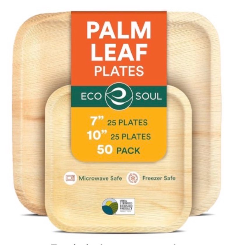 ECO SOUL Compostable 7 & 10 Inch Palm Leaf Square Plates (50 Count) Like Bamboo Plates | Biodegradable | Eco-Friendly, Microwave & Oven Safe - Party Pack