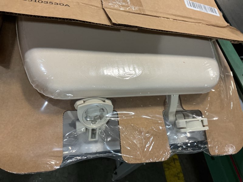 Condition photo showing New/Like New for mayfair padded toilet seat, cushioned soft vinyl over wood core seat, secure hinges, easy clean, made in usa, elongated, bone round bone toilet seat