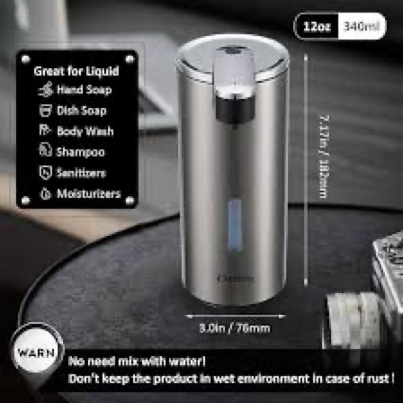 automatic soap dispenser, automatic liquid soap dispenser touchless, 12oz/340ml, 3-level adjustable, battery operated, water-resistant for bathroom, kitchen, and school, clog-free, stainless steel