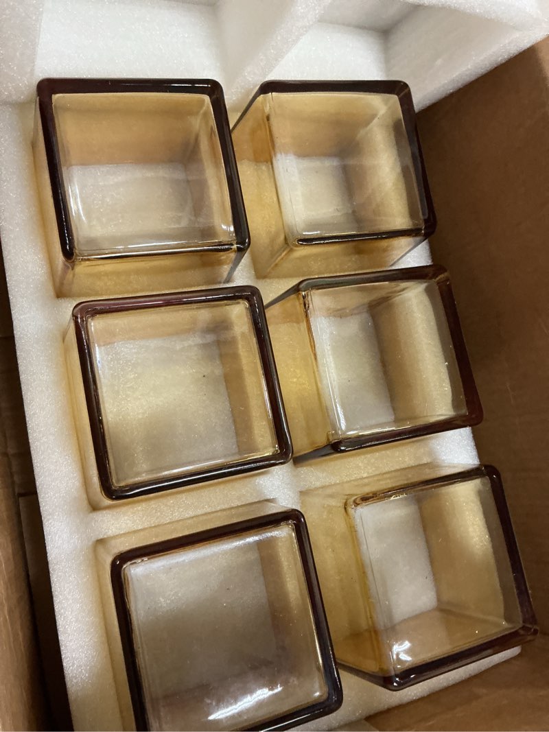 Condition photo showing Good Condition for square amber glass vases set of 6, 5" x 5" x 5" flower vases for centerpieces, square vase for centerpieces, small vase for wedding, party, home office decoration
