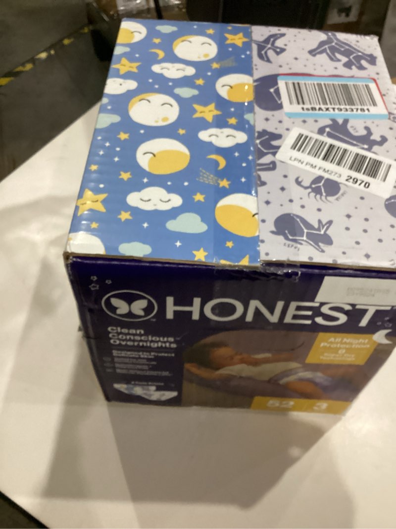 Condition photo showing Good Condition for The Honest Company Comfort Dry Disposable Overnight Diapers for Sensitive Skin, Hypoallergenic, Baby Cozy Cloud and Star Signs Design Club Box Size 3 (16–28 lbs) 52 Count Size 3 52