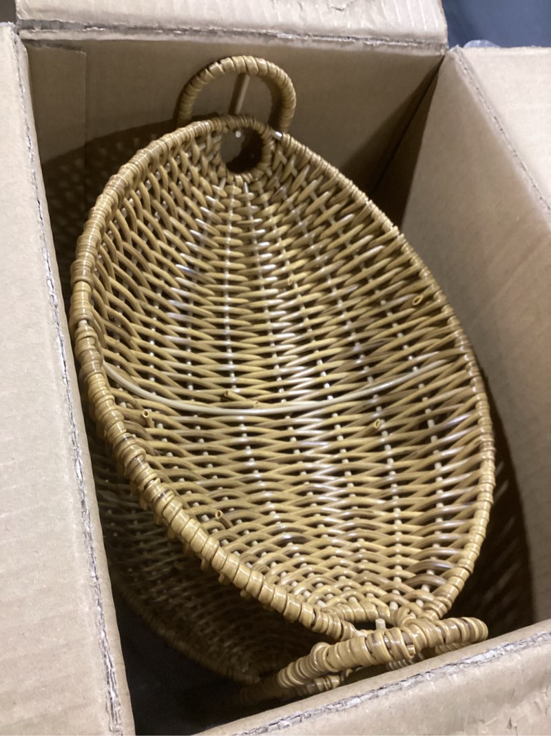 Condition photo showing Good Condition for 2-Tier Wicker Fruit Basket Stand, Handwoven Plastic Rattan Fruit and Vegetable Storage Organizer, Rustic Boho Countertop Display Basket for Produce, Bread, Snacks, or Towels